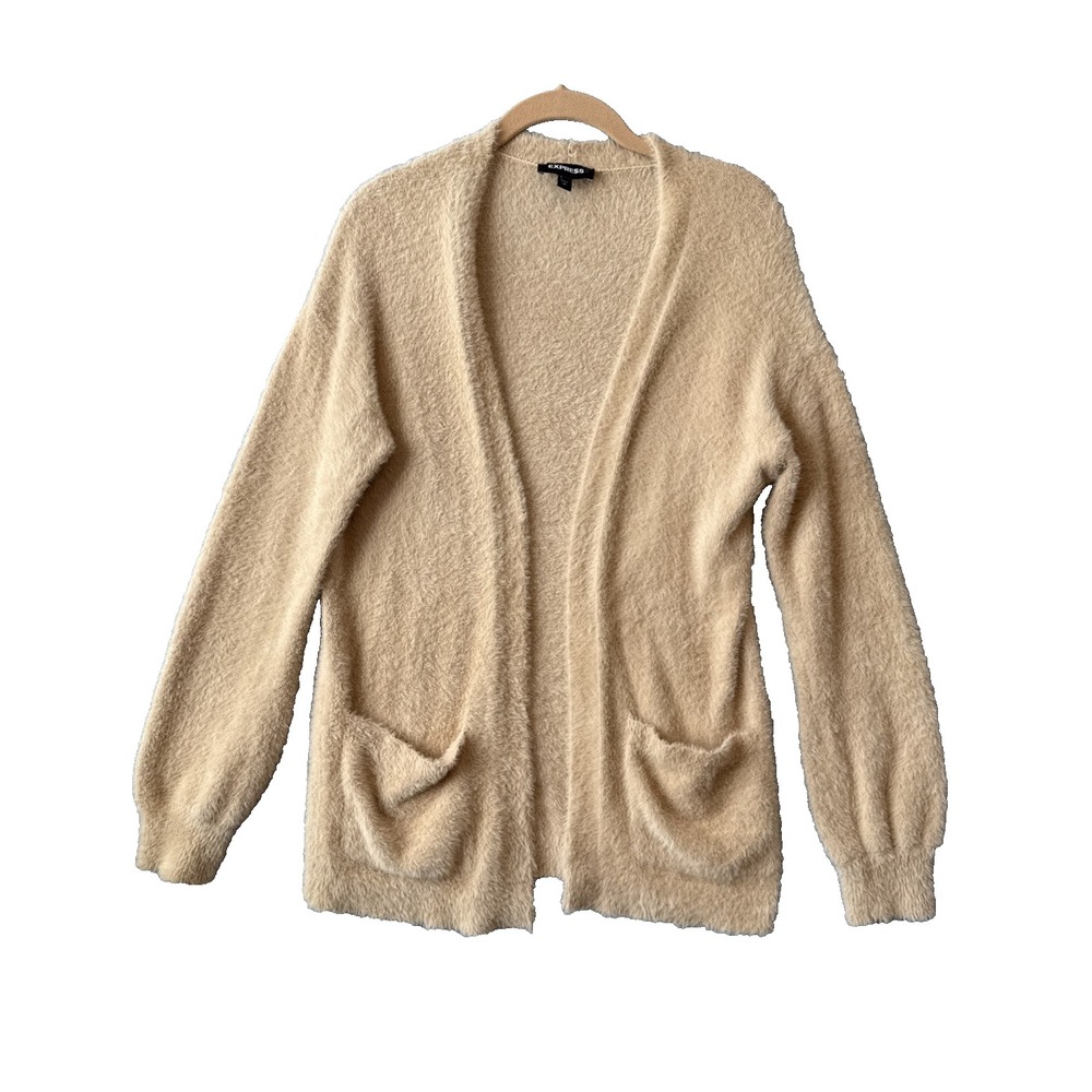 Express Fuzzy Eyelash Cardigan Sweater S Beige Camel Coquette Boho Soft Luxury